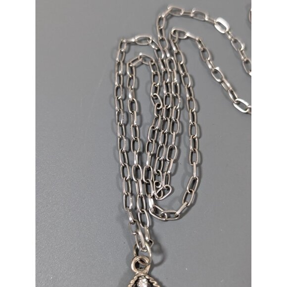 Vintage Silver Tone Open Metal Work Cross Flower Rhinestone Penant Necklace 26" - Picture 5 of 8